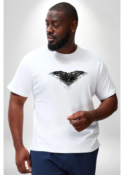 3 Gözlü Kuzgun Beyaz Büyük Beden Kadın Erkek Ünisex Basic Ön Baskılı Tişört indirimleri