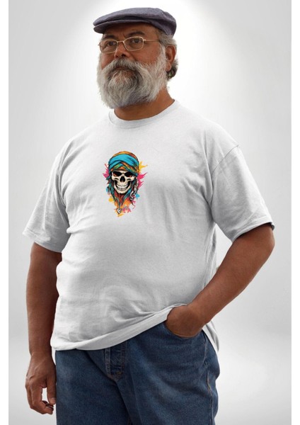 Bandaba Renkli Kurukafa Beyaz Büyük Beden Kadın Erkek Ünisex Basic Ön Baskılı Tişört