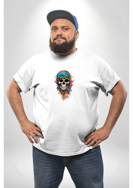 Bandaba Renkli Kurukafa Beyaz Büyük Beden Kadın Erkek Ünisex Basic Ön Baskılı Tişört fiyatları