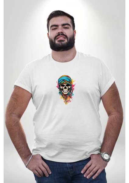 Bandaba Renkli Kurukafa Beyaz Büyük Beden Kadın Erkek Ünisex Basic Ön Baskılı Tişört modelleri