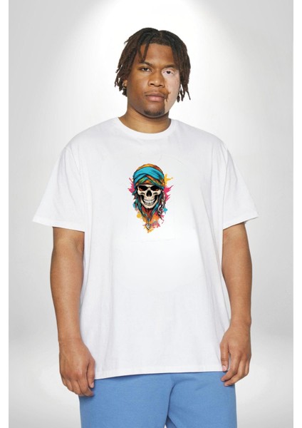 Bandaba Renkli Kurukafa Beyaz Büyük Beden Kadın Erkek Ünisex Basic Ön Baskılı Tişört fırsatları