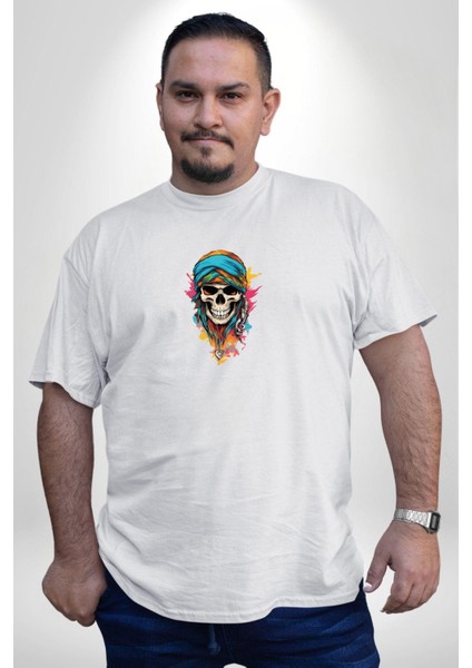 Bandaba Renkli Kurukafa Beyaz Büyük Beden Kadın Erkek Ünisex Basic Ön Baskılı Tişört indirimleri