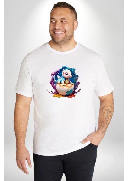 Sevimli Bebek Ejderha Elmas Yumurta Beyaz Büyük Beden Kadın Erkek Ünisex Basic Ön Baskılı Tişört