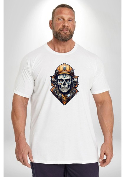 Maden Işcisi Kuru Kafa Beyaz Büyük Beden Kadın Erkek Ünisex Basic Ön Baskılı Tişört modelleri