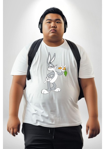 Bugs Bunny Beyaz Büyük Beden Kadın Erkek Ünisex Basic Ön Baskılı Tişört