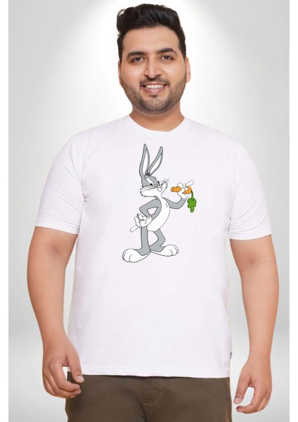 Bugs Bunny Beyaz Büyük Beden Kadın Erkek Ünisex Basic Ön Baskılı Tişört