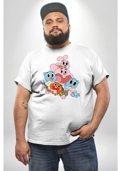 Gumbal Watteron Ailesi Beyaz Büyük Beden Kadın Erkek Ünisex Basic Ön Baskılı Tişört