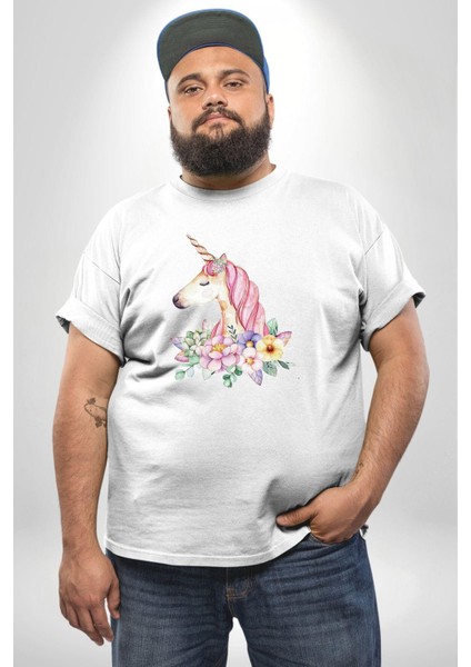 Unicorn Çiçek Beyaz Büyük Beden Kadın Erkek Ünisex Basic Ön Baskılı Tişört