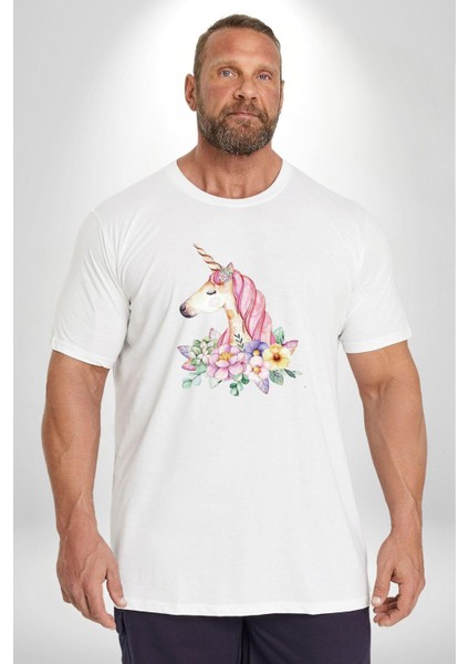 Unicorn Çiçek Beyaz Büyük Beden Kadın Erkek Ünisex Basic Ön Baskılı Tişört