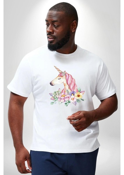 Unicorn Çiçek Beyaz Büyük Beden Kadın Erkek Ünisex Basic Ön Baskılı Tişört
