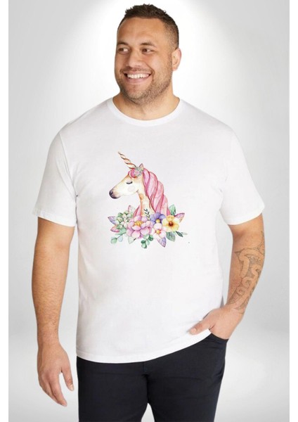 Unicorn Çiçek Beyaz Büyük Beden Kadın Erkek Ünisex Basic Ön Baskılı Tişört