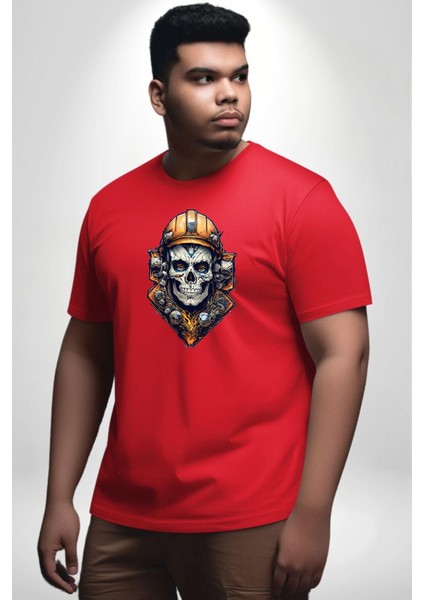 Maden Işcisi Kuru Kafa Kırmızı Büyük Beden Erkek Kadın Unisex Basic Ön Baskılı Tişört
