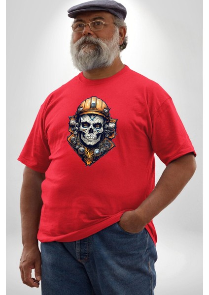 Maden Işcisi Kuru Kafa Kırmızı Büyük Beden Erkek Kadın Unisex Basic Ön Baskılı Tişört fırsatları