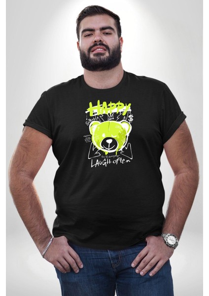 Sık Sık Mutlu Gülmek Teddy Bear Siyah Büyük Beden Erkek Kadın Unisex Basic Ön Baskılı Tişört