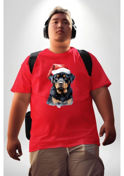 Yeni Yıl Noel Rottweiler Kırmızı Büyük Beden Erkek Kadın Unisex Basic Ön Baskılı Tişört