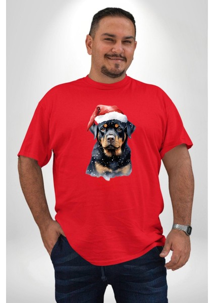 Yeni Yıl Noel Rottweiler Kırmızı Büyük Beden Erkek Kadın Unisex Basic Ön Baskılı Tişört fiyatları