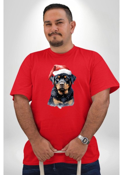 Yeni Yıl Noel Rottweiler Kırmızı Büyük Beden Erkek Kadın Unisex Basic Ön Baskılı Tişört modelleri