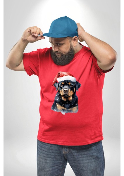 Yeni Yıl Noel Rottweiler Kırmızı Büyük Beden Erkek Kadın Unisex Basic Ön Baskılı Tişört fırsatları