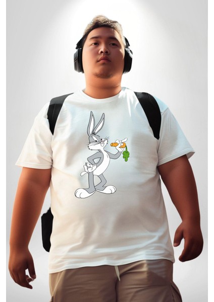 Bugs Bunny Beyaz Büyük Beden Kadın Erkek Ünisex Basic Ön Baskılı Tişört