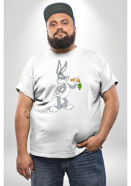 Bugs Bunny Beyaz Büyük Beden Kadın Erkek Ünisex Basic Ön Baskılı Tişört