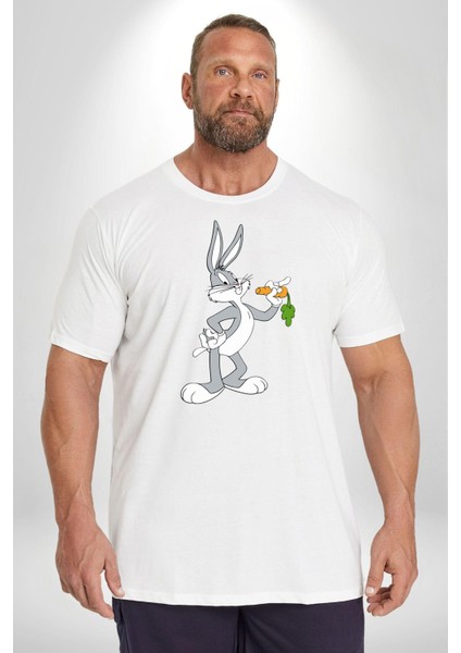 Bugs Bunny Beyaz Büyük Beden Kadın Erkek Ünisex Basic Ön Baskılı Tişört