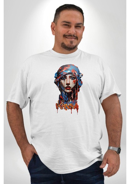Khansa Eşarp Kadın Erkek Ünisex Tasarımı Beyaz Büyük Beden Kadın Erkek Ünisex Basic Ön Baskılı Tişört fiyatları
