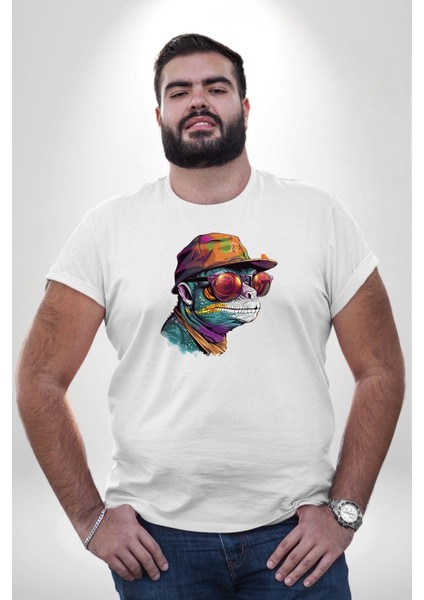 Gözlük Şapka Mukalemun Beyaz Büyük Beden Kadın Erkek Ünisex Basic Ön Baskılı Tişört