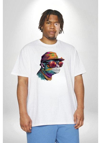 Gözlük Şapka Mukalemun Beyaz Büyük Beden Kadın Erkek Ünisex Basic Ön Baskılı Tişört fiyatları