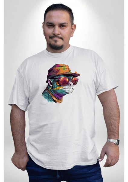 Gözlük Şapka Mukalemun Beyaz Büyük Beden Kadın Erkek Ünisex Basic Ön Baskılı Tişört modelleri