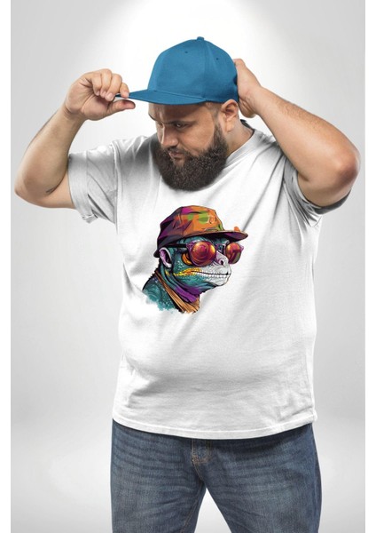 Gözlük Şapka Mukalemun Beyaz Büyük Beden Kadın Erkek Ünisex Basic Ön Baskılı Tişört fırsatları