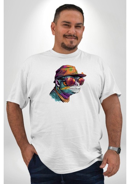 Gözlük Şapka Mukalemun Beyaz Büyük Beden Kadın Erkek Ünisex Basic Ön Baskılı Tişört indirimleri