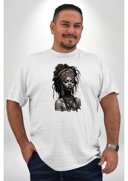 Afrikalı Kadın Erkek Ünisex Sanat Beyazi Beyaz Büyük Beden Kadın Erkek Ünisex Basic Ön Baskılı Tişört