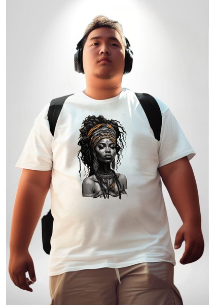 Afrikalı Kadın Erkek Ünisex Sanat Beyazi Beyaz Büyük Beden Kadın Erkek Ünisex Basic Ön Baskılı Tişört fırsatları