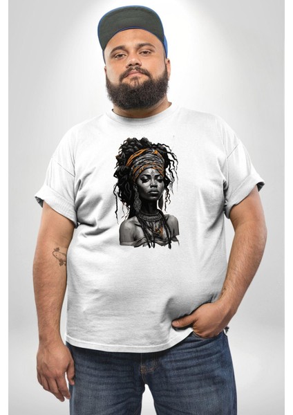 Afrikalı Kadın Erkek Ünisex Sanat Beyazi Beyaz Büyük Beden Kadın Erkek Ünisex Basic Ön Baskılı Tişört indirimleri