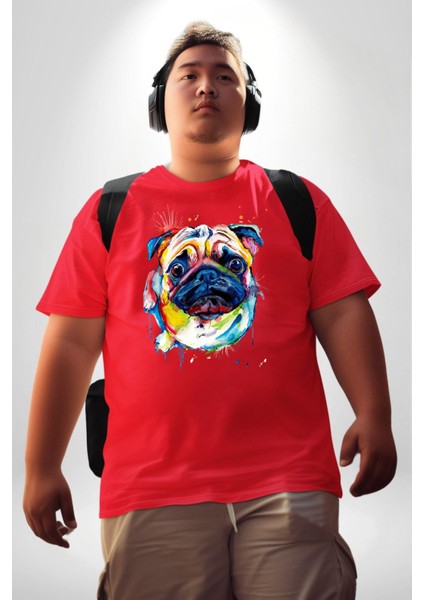 Sulu Boya Pug Köpek Kırmızı Büyük Beden Erkek Kadın Unisex Basic Ön Baskılı Tişört