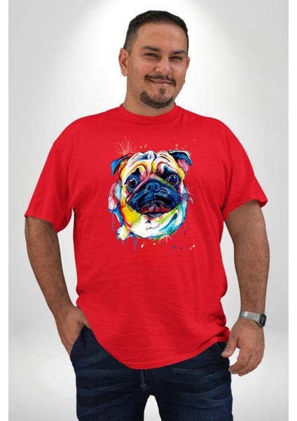 Sulu Boya Pug Köpek Kırmızı Büyük Beden Erkek Kadın Unisex Basic Ön Baskılı Tişört