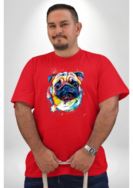 Sulu Boya Pug Köpek Kırmızı Büyük Beden Erkek Kadın Unisex Basic Ön Baskılı Tişört