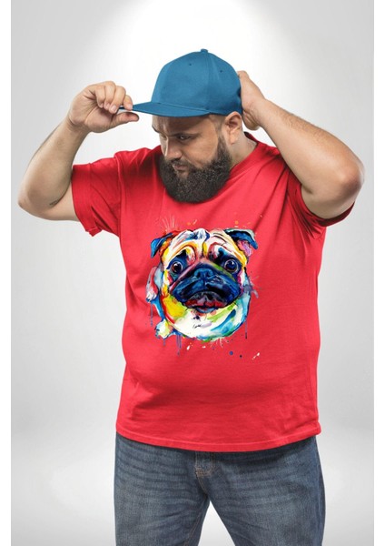 Sulu Boya Pug Köpek Kırmızı Büyük Beden Erkek Kadın Unisex Basic Ön Baskılı Tişört