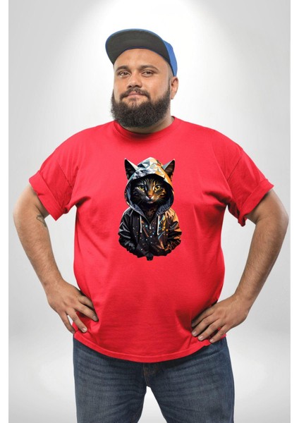 Hip Hop Gençlik Kedi Çeket Kırmızı Büyük Beden Erkek Kadın Unisex Basic Ön Baskılı Tişört