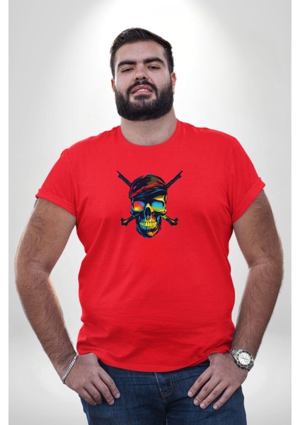 Korsan Kurukafa Kırmızı Büyük Beden Erkek Kadın Unisex Basic Ön Baskılı Tişört fiyatları