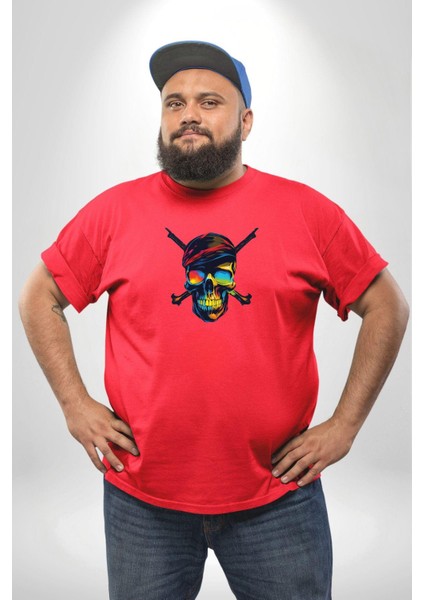 Korsan Kurukafa Kırmızı Büyük Beden Erkek Kadın Unisex Basic Ön Baskılı Tişört modelleri