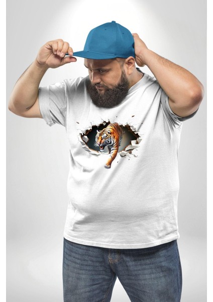 Kırık Duvar Kaplan Beyaz Büyük Beden Kadın Erkek Ünisex Basic Ön Baskılı Tişört