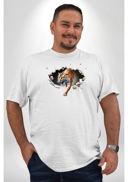 Kırık Duvar Kaplan Beyaz Büyük Beden Kadın Erkek Ünisex Basic Ön Baskılı Tişört fiyatları