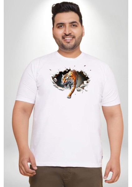 Kırık Duvar Kaplan Beyaz Büyük Beden Kadın Erkek Ünisex Basic Ön Baskılı Tişört fırsatları
