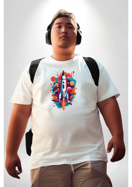 Uzay Aracı Roket Beyaz Büyük Beden Kadın Erkek Ünisex Basic Ön Baskılı Tişört
