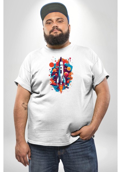 Uzay Aracı Roket Beyaz Büyük Beden Kadın Erkek Ünisex Basic Ön Baskılı Tişört fiyatları