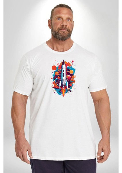 Uzay Aracı Roket Beyaz Büyük Beden Kadın Erkek Ünisex Basic Ön Baskılı Tişört modelleri