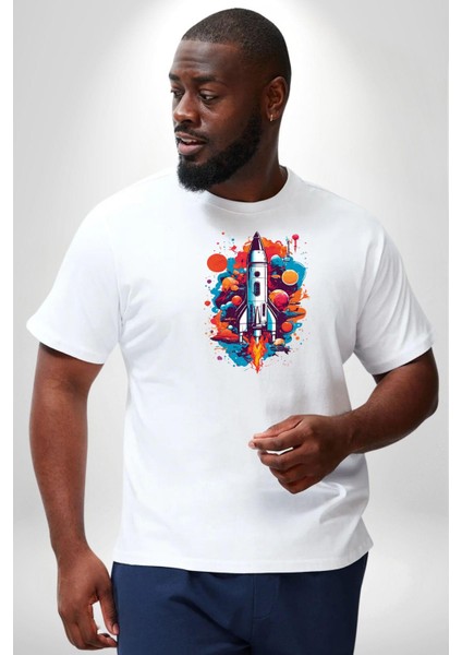 Uzay Aracı Roket Beyaz Büyük Beden Kadın Erkek Ünisex Basic Ön Baskılı Tişört fırsatları