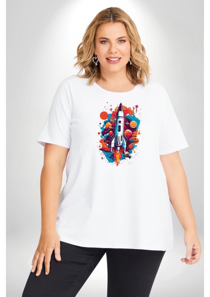 Uzay Aracı Roket Beyaz Büyük Beden Kadın Erkek Ünisex Basic Ön Baskılı Tişört indirimleri