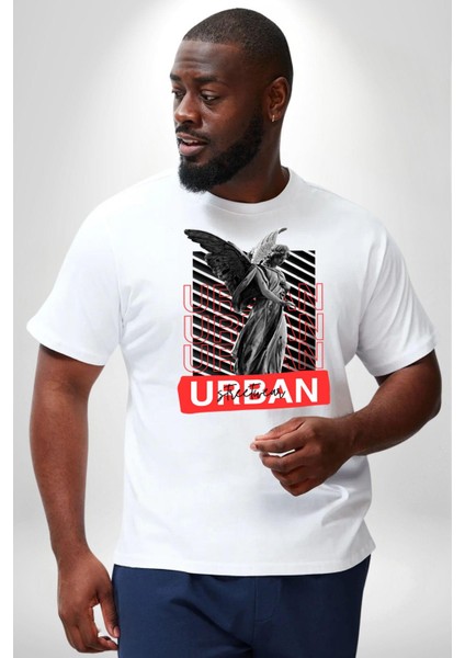 Şehir Sokak Stili Melek Heykeli Beyaz Büyük Beden Kadın Erkek Ünisex Basic Ön Baskılı Tişört fırsatları